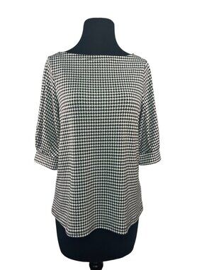 H&M Womens Houndstooth Top Black & White Size Small Relaxed Fit Banded Sleeve